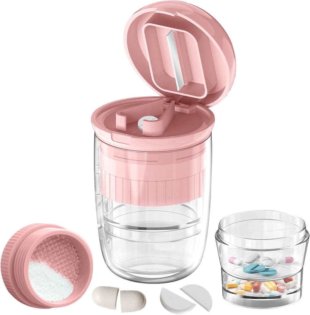 Pilulky Cutter Splitter s dávkovačom, Pill Cutter pre malé alebo veľké pilulky, Crushes pilulky, vitamíny, tablety, nerezová oceľ čepeľ, odnímateľný pohár nápojov (Pink-1)