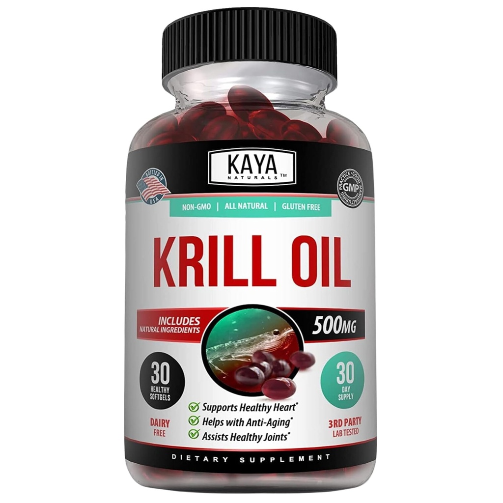 Kaya Naturals - Antarktída Krill Oil 500mg s Omega 3, EPA, DHA, Fosfolipidy a astaxantín doplnok - mozog a zdravie Vitamín - Anti Aging Supplement - 30 Počet Softgels