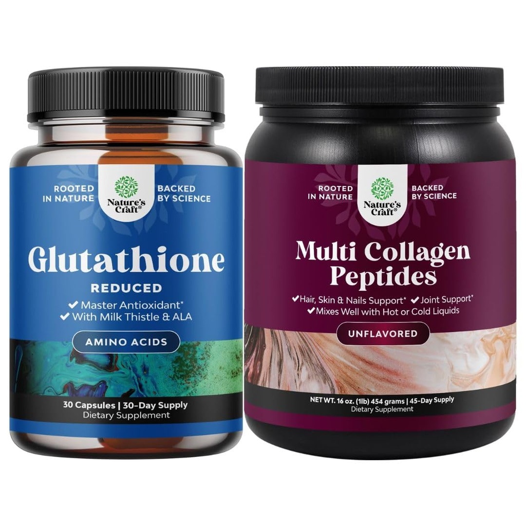 Bundle of Reduced Glutatione Supplement with Milk Thitle - 500 mg per Serving Pure L Glutatione and Multi Collagen Protein Powder - Keto Hydrolyzed Collagen Peptides Hair Skin & Nails Vitamis