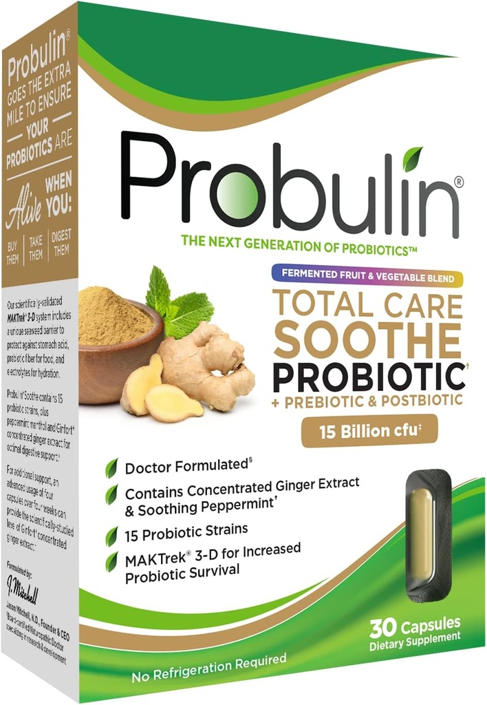 Probulín Celková starostlivosť Soothe Prebiotic, Probiotic a Postbiotic + Ginger & Mincovňa pre Digestive Upokojujúce - 15 miliárd CFU - 15 kmeňov - 30 Vegan Kapsule