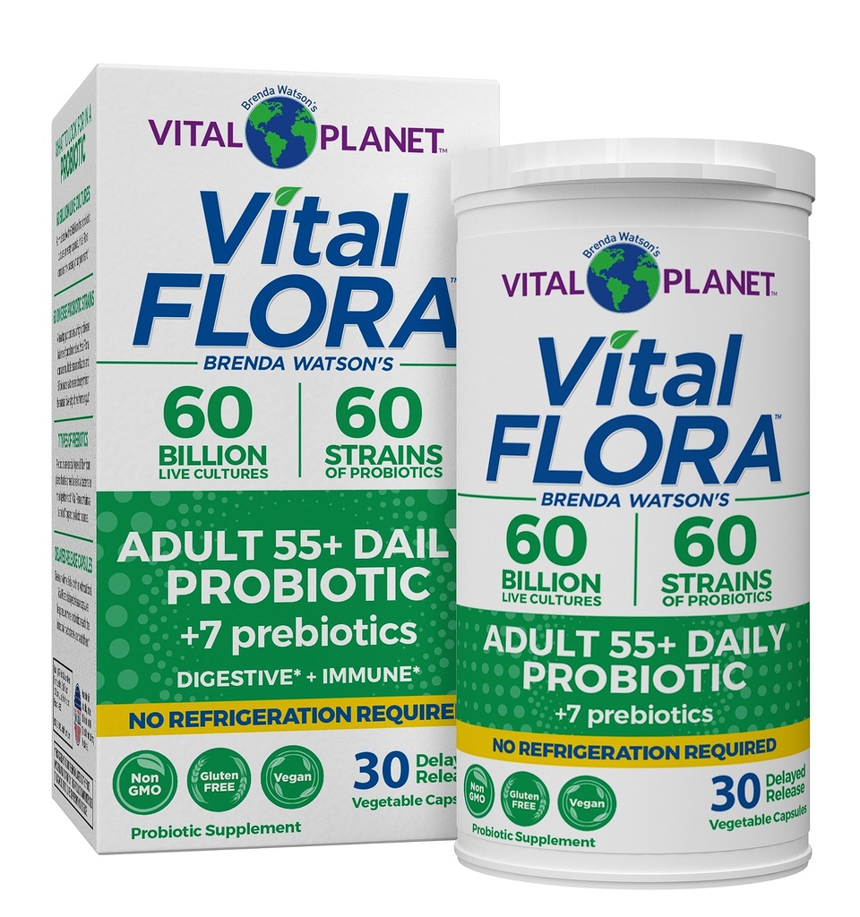 Vital Planet - Vital Flora Dospelí Viac ako 55 Denné Probiotické 60 miliárd CFU, Diverse kmene, Organické Prebiotiká, Immune and Tráviace zdravie Stabilné probiotiká pre ženy a mužov, 30 kapsúl