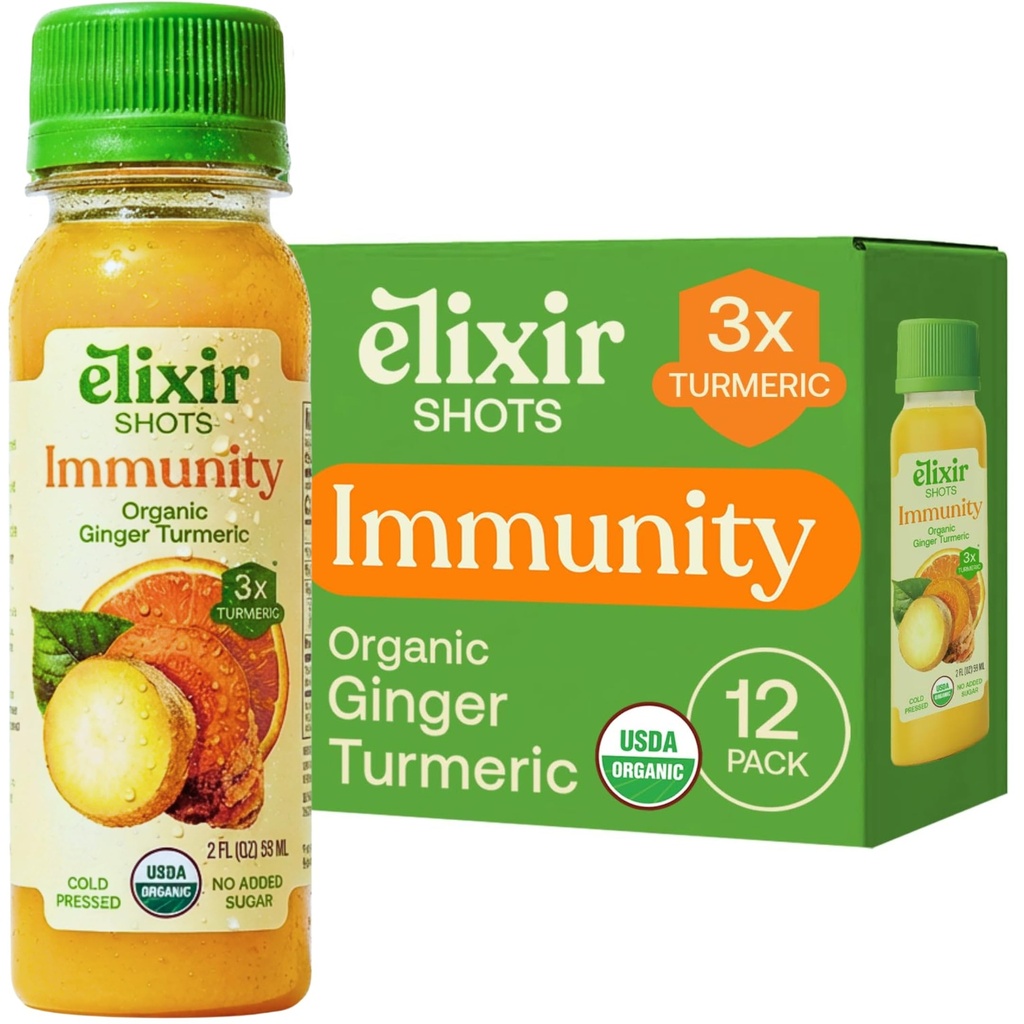 Elixír Shots, Imunita Boost Wellness Shot s studenou kurkuma, Zázvor, oranžová a čierne korenie, Žiadne pridané cukru alebo umelé zložky, 12-balenie
