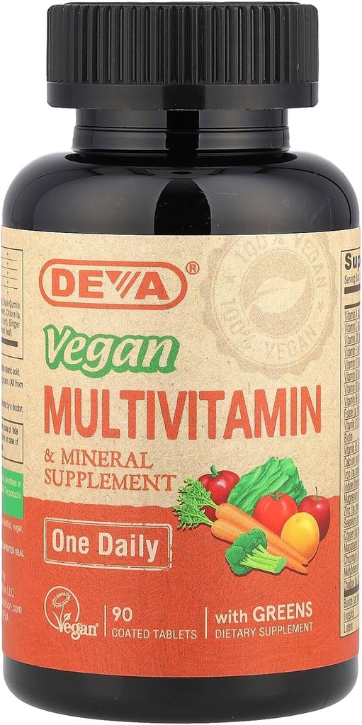 DEVA Tiny Tablety Vegan Multivitamíny pre ženy a mužov, Multivitamíny so železom, Minerálne doplnky, Vitamín C, vitamín B komplex, vitamín B12, vitamín E, zinok, bezlepok, 90 tabliet