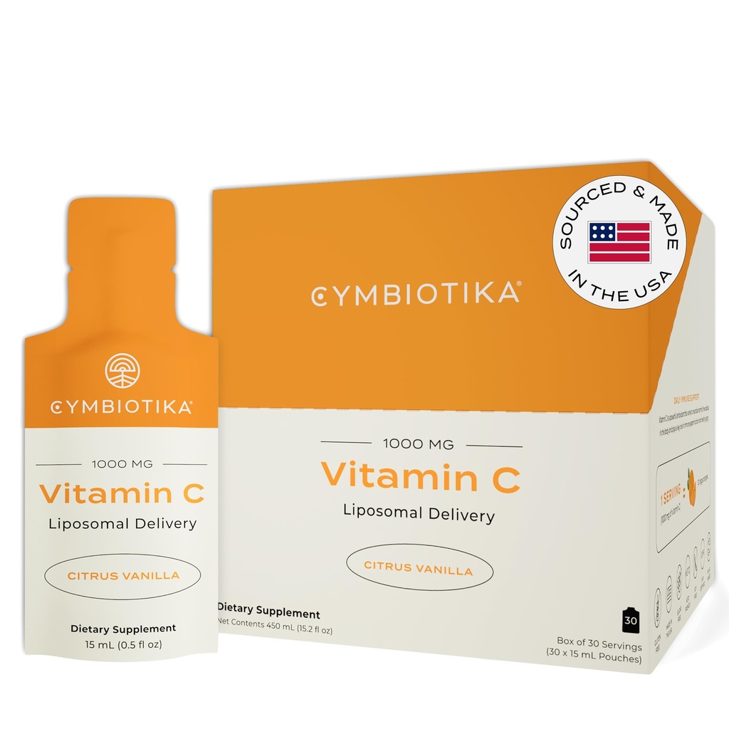 CYMBIOTIKA Vitamín C Individuálne balíčky, Lipozomálna dodávka, doplnok pre imunitnú podporu, Collagen Boost, & Zdravé starnutie, Hydratácia kože balíčky, Citrus Vanilla Flavor, 30 Počet