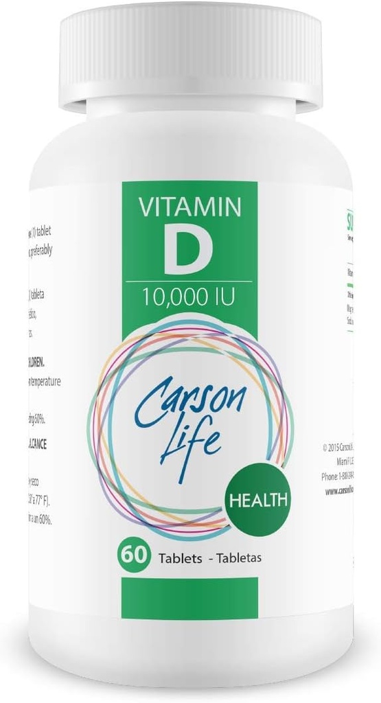 CARSON LIFE vitamín D 10 000 IU tablety - Výborný doplnok pre nedostatok vitamínu D - pomáha posilniť kosti, zuby a imunitný systém - 60 tabliet - vyrobené v USA