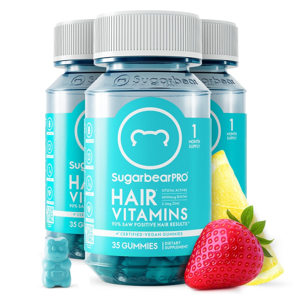 SugarBearPro Vlasy Vitamín Gummy 3 Mesiac Supply Extra Strength Biotin 6000mcg, Rast pre mužov a ženy, Vegan Vitamín B12, MSM, Inozitol, Omega 3, bazy, Certified Kosher, Halal, Cruelty-free