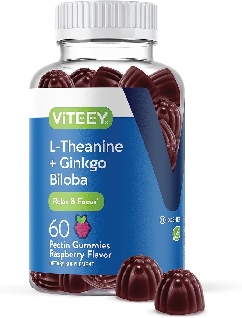 Viteey L-Theanine Gummies s Ginkgo Biloba pre dospelých - Aids in Focus & Relax, Zlepšenie nálady - Non GMO, Želatína zadarmo, Vegan, Gluten Free, Prirodzene Zdroj Chewable Chutné Malina Ochutené Gummy