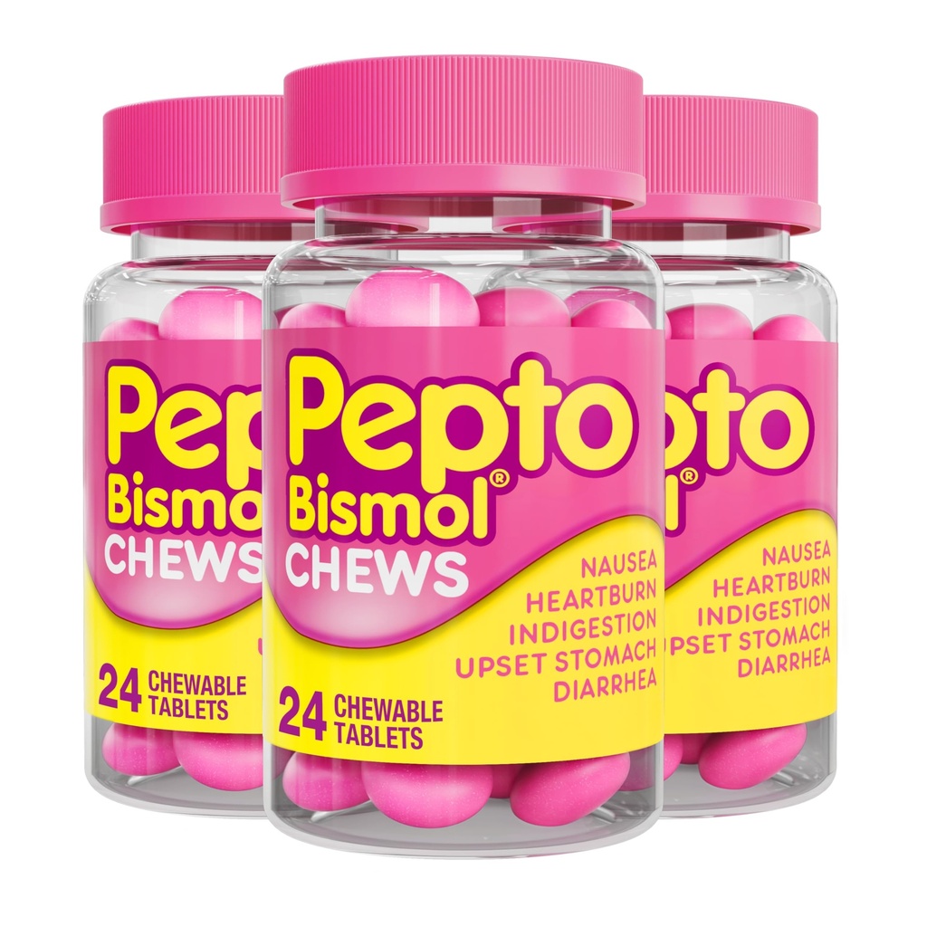 Pepto Bismol žuvačky, rýchla a účinná trávivá úľava od nevoľnosti, pálenie záhy, poruchy trávenia, žalúdočné ťažkosti, hnačka, 72 celkových (3 balenia po 24)