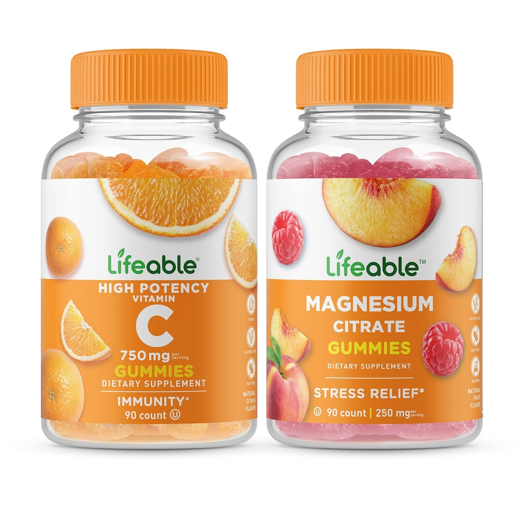 Životaschopný vitamín C 750 mg + horčík 85 mg, Gumičky Bundle - veľké ochutnávky, vitamínové doplnky, bez lepku, bez GMO, žuvacia Gummy