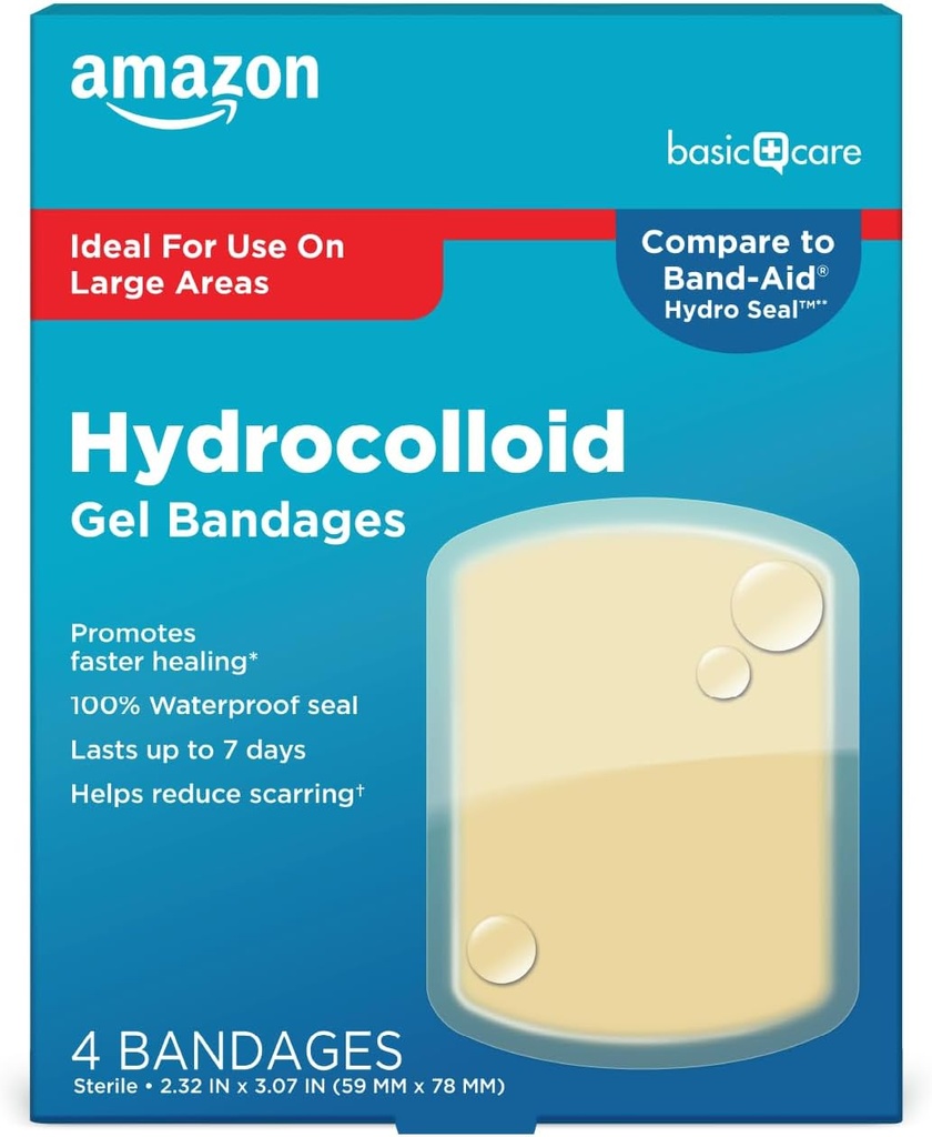 Basic Care Advanced Rýchle liečenie Hydrokoloidné Gélové obväzy, veľké obväzy na rane, 4 ot