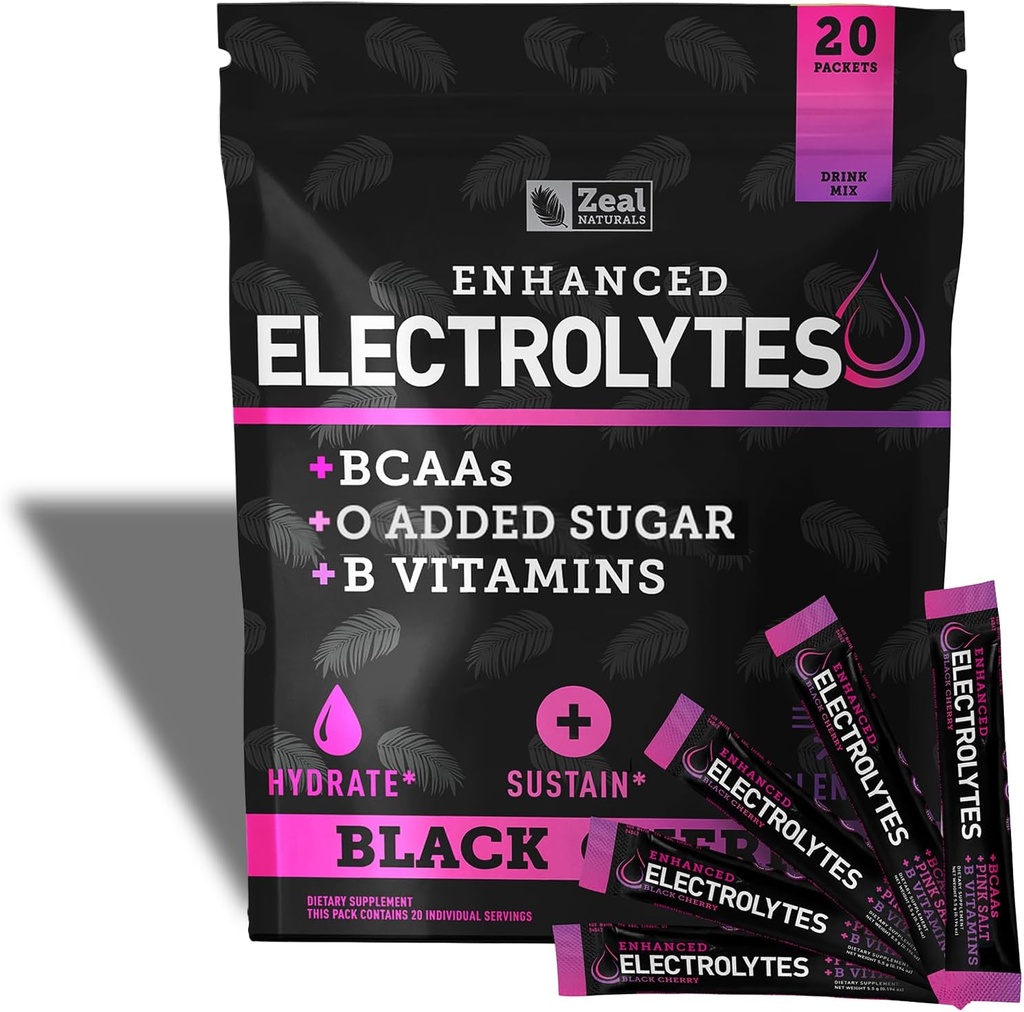 Enhanced Electrolyte Powder Stick Packs (Čierna Cherry 20 Packets) w/ 0 Cukor + BCAA + B- Vitamins Elektrolyte Supplement w Draslíkový zinok a horčík pre hydratáciu - Keto Electrolytes