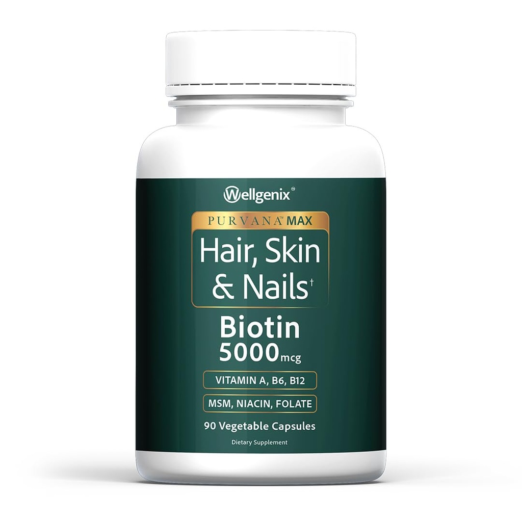 Wellgenix Purvana Max. vlasy, koža a nechty Vitamín: Biotín 5000mcg pre zvýšený rast vlasov, prevencia vypadávania vlasov pre ženy a mužov, Vegan, Ideálne pre Post Partum & PCOS, 90 Počet, Balenie 1
