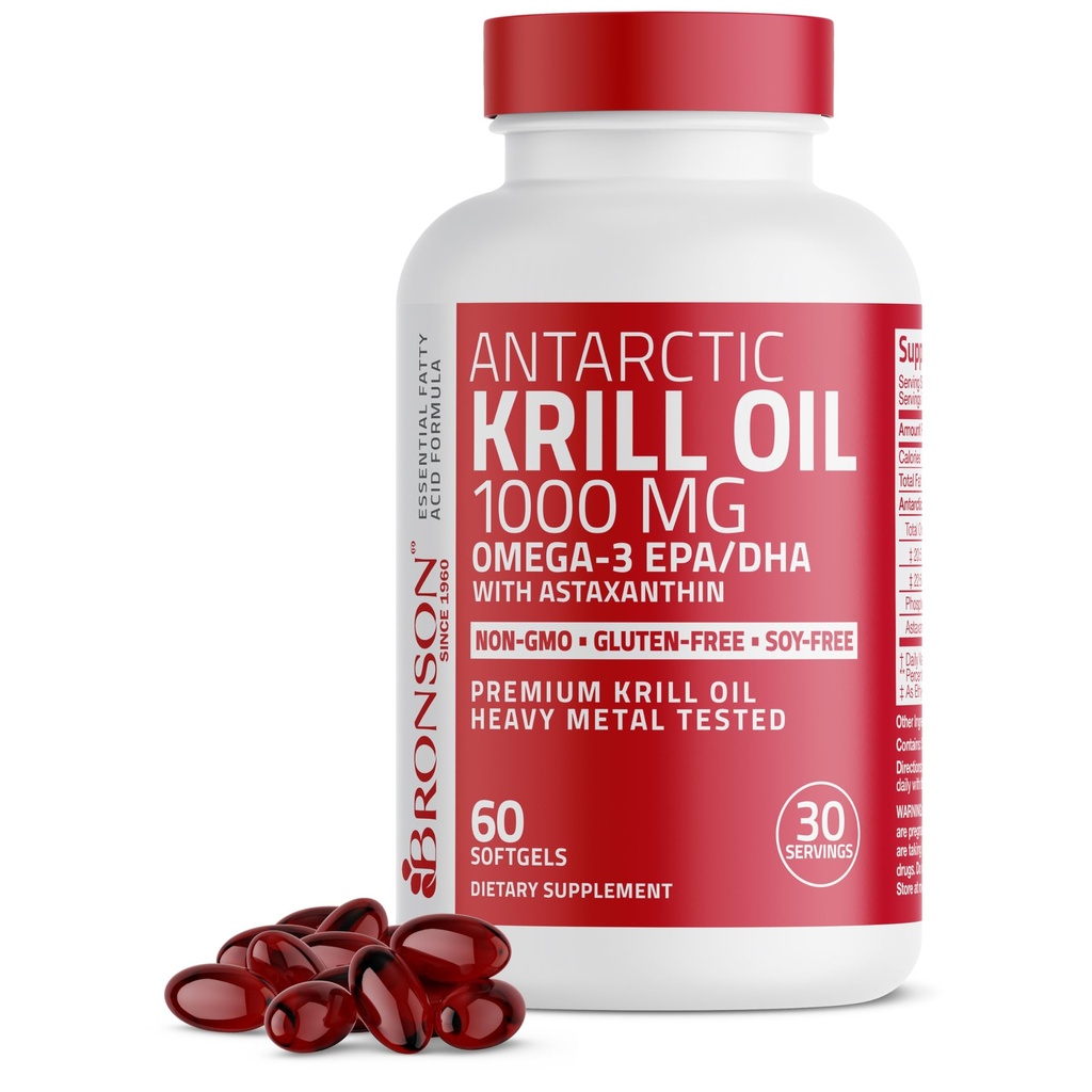 Bronson Antarktída Krill Oil 1000 mg s Omega-3s EPA, DHA, Astaxantín a fosfolipidy 60 Softgels