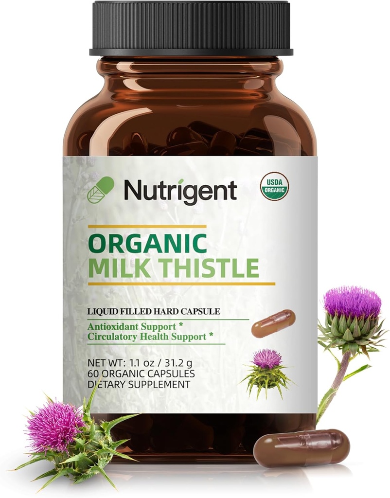 USDA Organic Milk Thisttle Supplement 25:1 Extract, 8750 mg Sila, Silymarin Supplement 280 mg, Liquid Organic Capsules, Liquid Health & Detox Support, non-GMO, 60 Počet