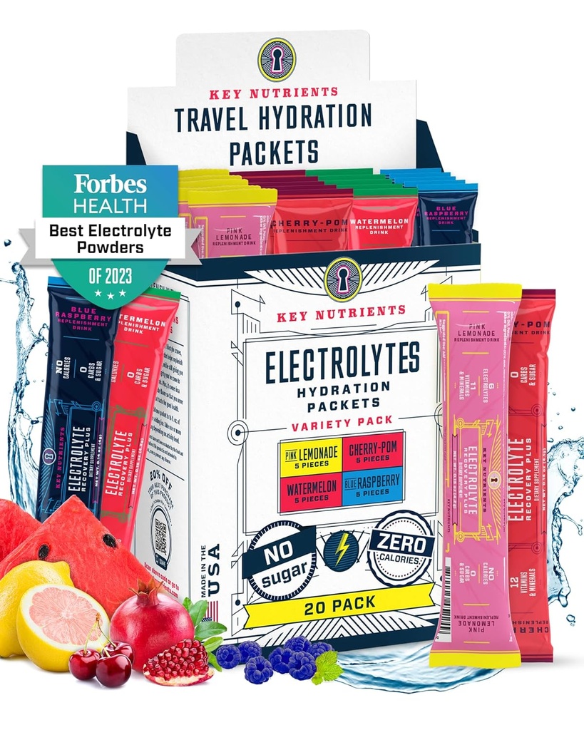 KĽÚČOVÉ NUTRIENTY Powder Packets bez cukru - 4 lahodné príchute v hydratačných balíčkoch 20 Balenie - bez kalórií, bezlepkové powder pakety Electrolytes - Keto Friendly, Non GMO, Made in USA