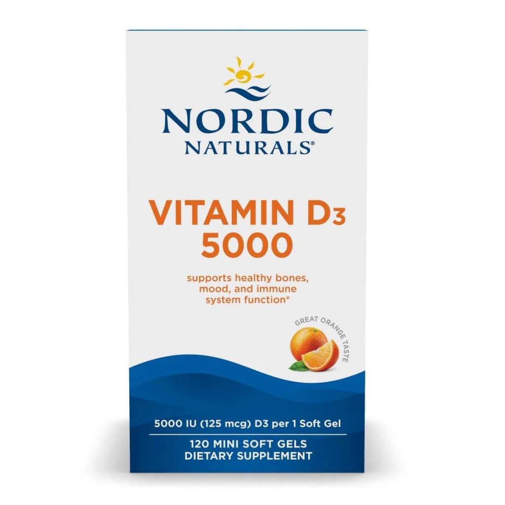 Nordic Naturals Vitamín D3 5000, Orange - 120 Mini mäkké gély - 5000 IU Vitamín D3 - podporuje zdravé kosti, náladu a imunitný systém funkcie - non-GMO - 120 Servisy