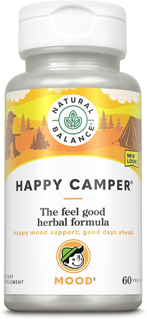 Prírodná rovnováha Happy Camper - Feel-Good Mood Suplement - Gotu Kola, Musion Flower, a Kava Kava Kapsule - 60-dňová záruka (30 Servings, 60 VegCaps)