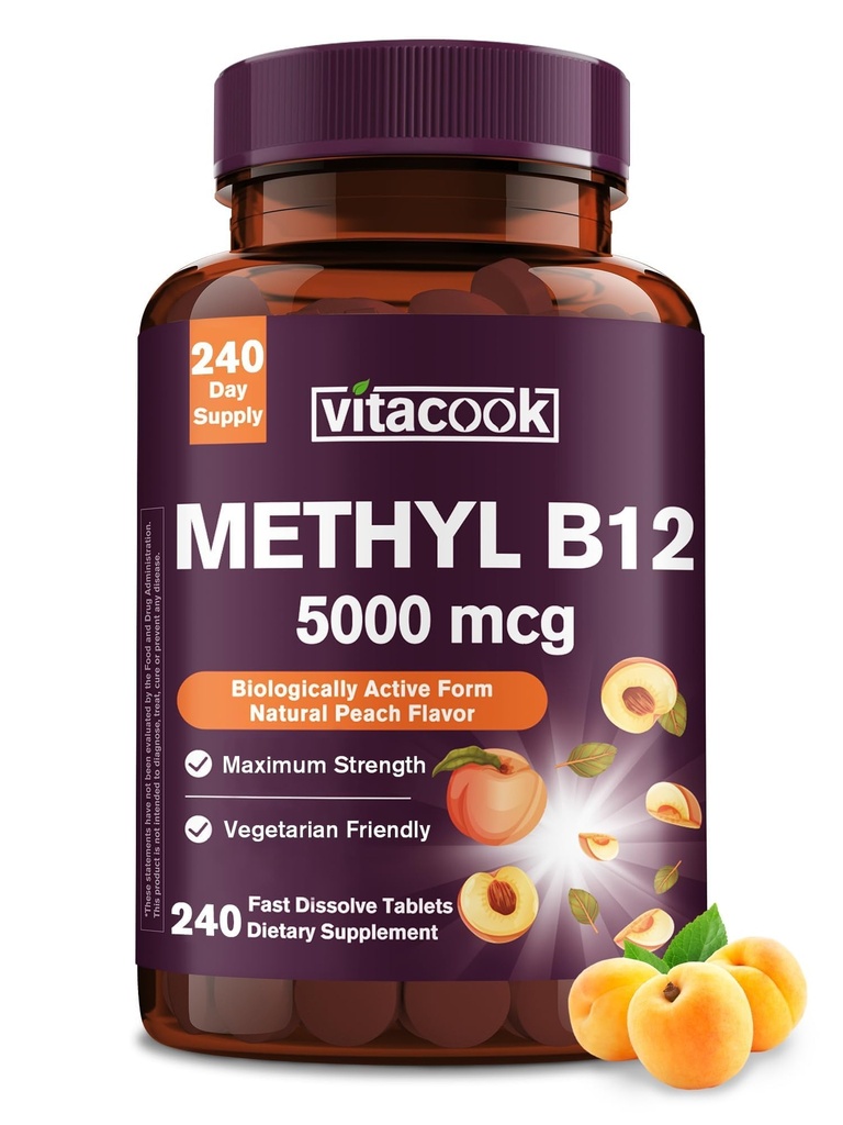 Vitamín B12 Sublingválny, Metylkobalamín 5000 mcg pre výrobu energie, energie, Nervová a bunková podpora, Natural Peach Flavor, Vegan, Zero Sugar, 240 Rýchle rozpustené tablety