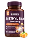Vitamín B12 Sublingválny, Metylkobalamín 5000 mcg pre výrobu energie, energie, Nervová a bunková podpora, Natural Peach Flavor, Vegan, Zero Sugar, 240 Rýchle rozpustené tablety