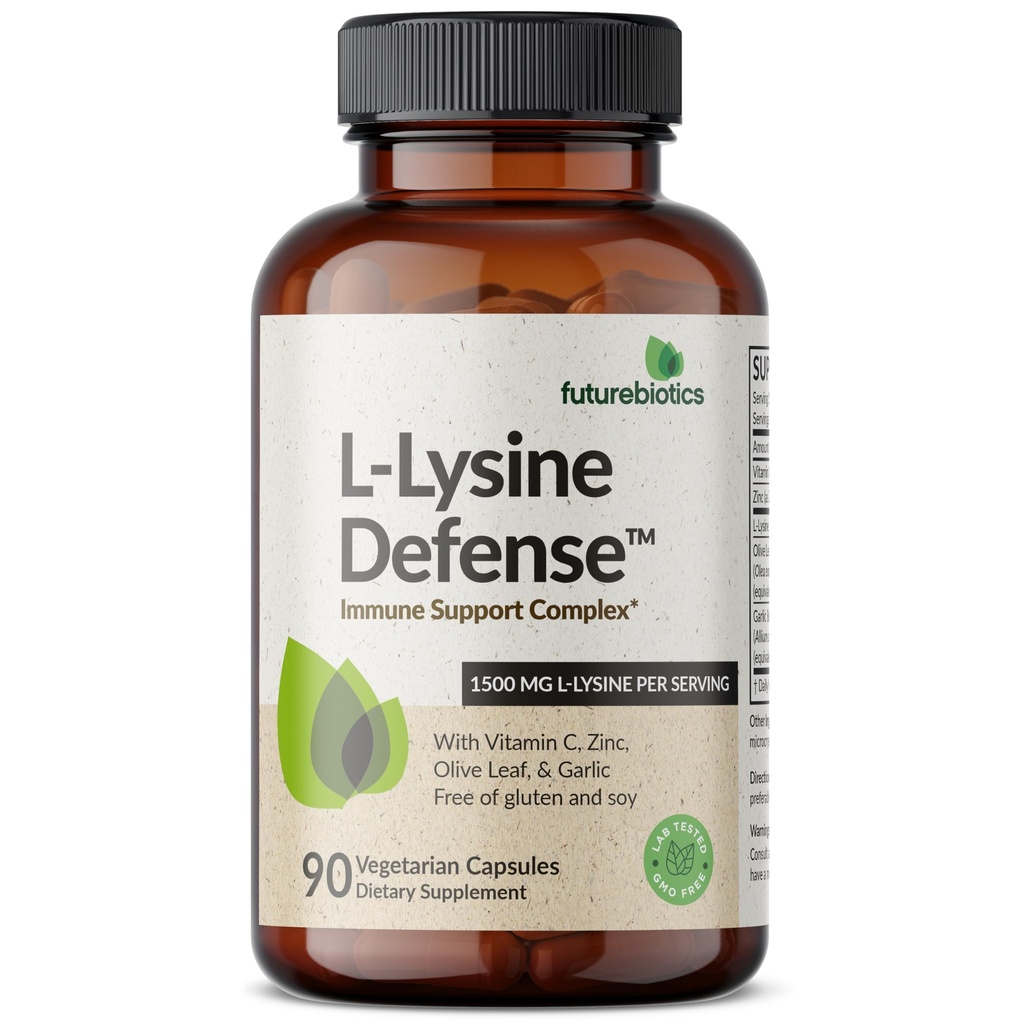 Futurebiotiká L-lyzín Defense Immune Support Complex 1500 MG Per Servírovanie s vitamínom C, zinkom, olivovým listom a cesnakom - Non-GMO, 90 Vegetariánske kapsule