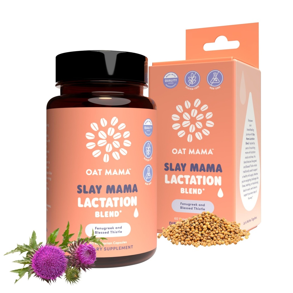 OAT MAMA Organické Laktácia Supplement - 'Slay Mama' Požehnané Thitle & Fenugreek Kapsule - Bylinné Laktácia Blend, Popôrodná podpora pre dojčenie mamičky