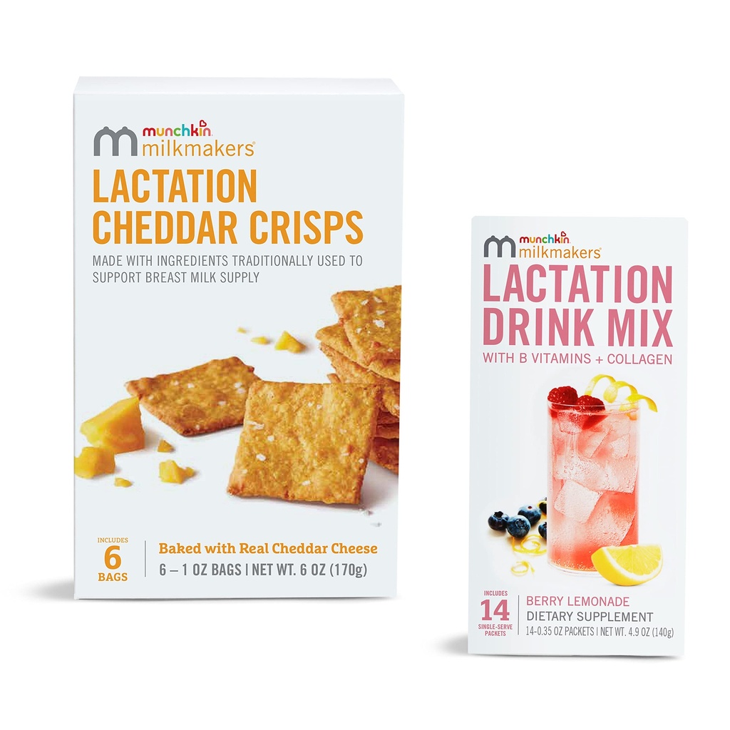 Munchkin® Milkmakers® Laktačný nápoj Mix Supplement with B Vitamín & Milk Thitle, 14 Count and L Laktation Cheddar Crisps for Breatment Moms with Oats and Lan, 6 Count
