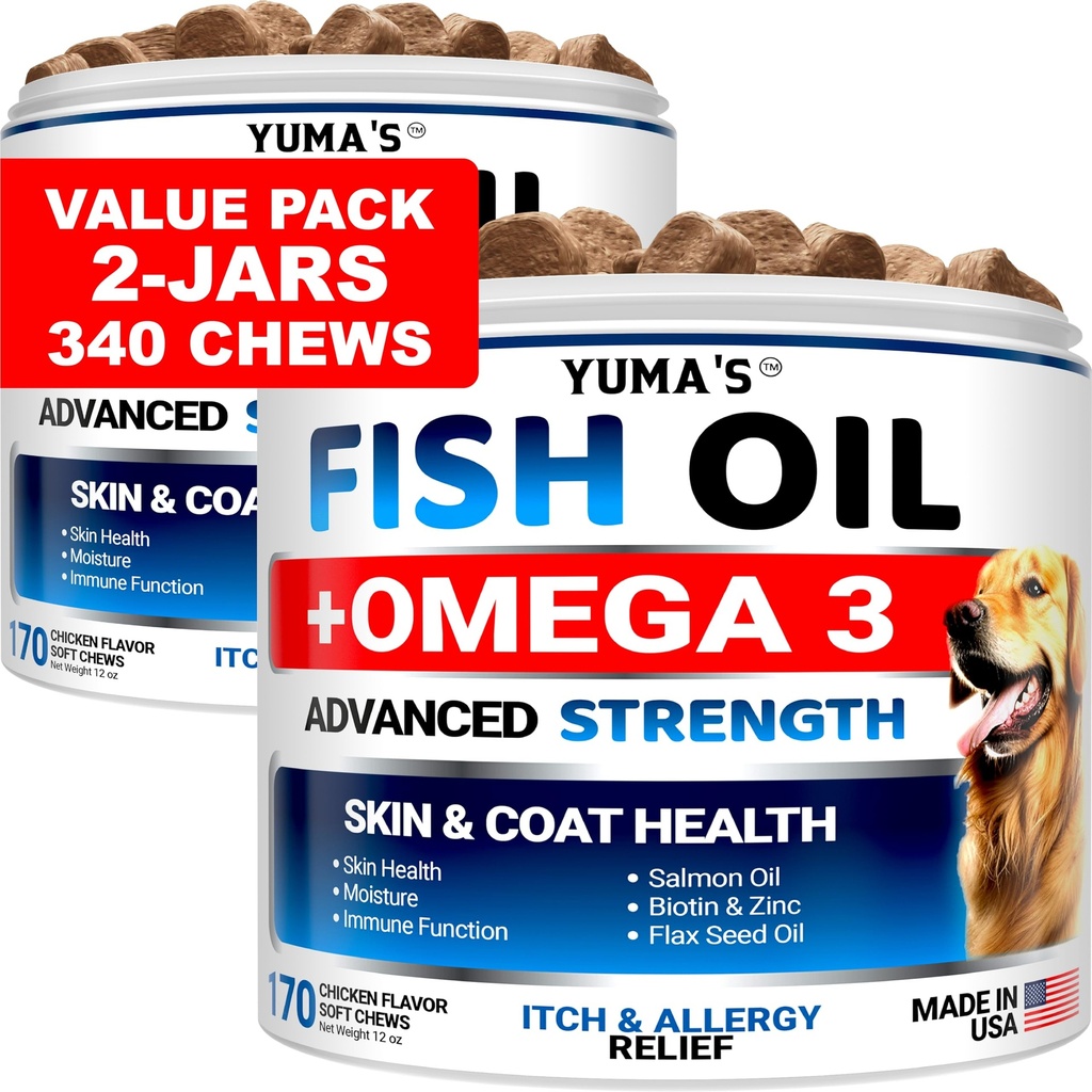 (2 balenia) Omega 3 Rybí olej pre psy - 170 žuvačky - Skin and Coat Supplement - Omega 3 pre psy - suché a svrbiace ošetrenie pre pokožku - alergická podpora pre psov proti Shedding Treats - Salmon - Chicken Flavor