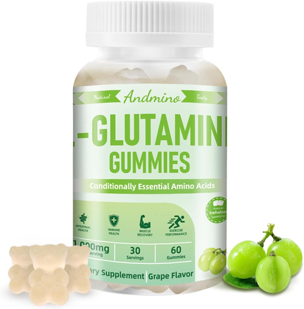 L-Glutamine Gummies 1000 mg, s Trehalose, L Glutamine Supplement Support Intestinal, Boost Immune & Muscle Health, pre dospelých a deti, non-GMO, Vegan, Gluten Free, Grape Plavor, 60