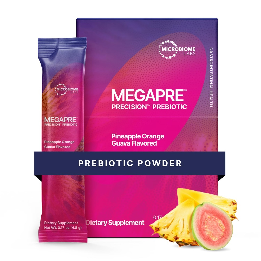Mikrobiome Labs MegaPrebiotic Fiber Powder for Women, Men & Kids - Pre-Dosed Prebiotic Fiber Supplement Powder with Clinically Tested Oligosacharids - Ananás Orange Guava (30 nápojových paketov)