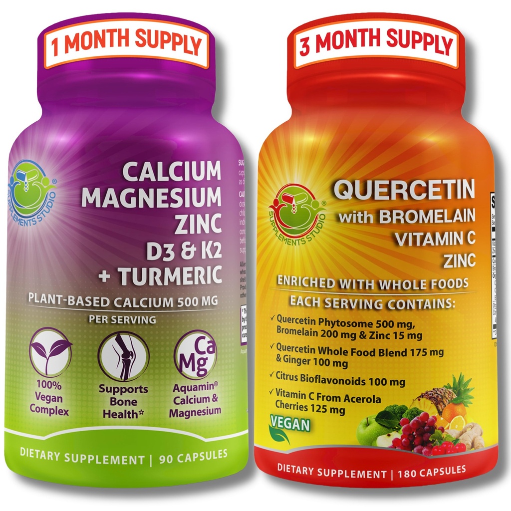DOPLNKY ŠTÚDIO Quercetin s hypromelínom, vitamínom C a zinkom + Rastlinné vápnik, horčík, D3, K2 a kurkuma, 100% Vegan Supplement Bundle for Immune & Bone Support