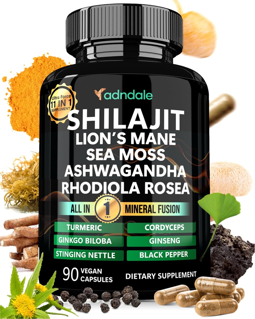 Adndale Shilajit Supplement. Pure Himalayan Organic Shilajit pre Muži a ženy Kapsule s morským Moss Ashwagandha Rhodiola Rosea Lion