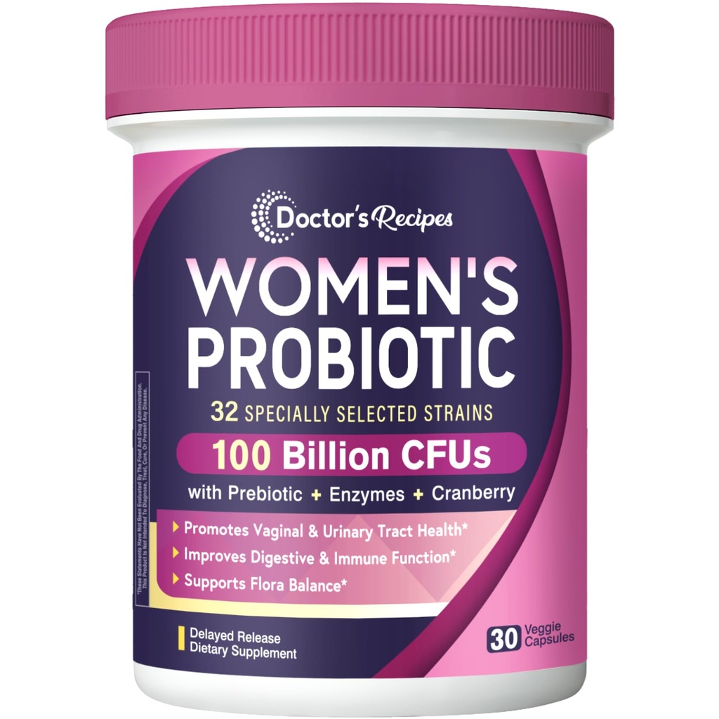 Lekárova recepty Probiotiká pre ženy, 100 miliárd CFU 32 Kmene, s Prebiotické Fiber, Enzymes & Cranberry, Vaginálne močové trávenie a imúnny, Bez kvasiniek, Stabilné police, Oneskorené uvoľnenie, 30 Caps