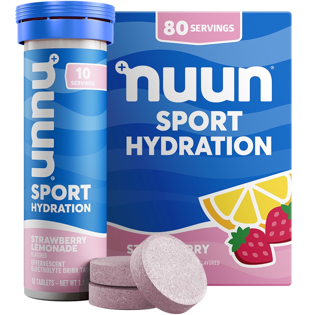 Nuun Sport Electrolyte tablety s horčíkom, vápnikom, draslíkom, chloridom a sodným, bezlepkom a vegánom, jahodovou citrónovou limonádou, 8 balení (80 dávok celkom)