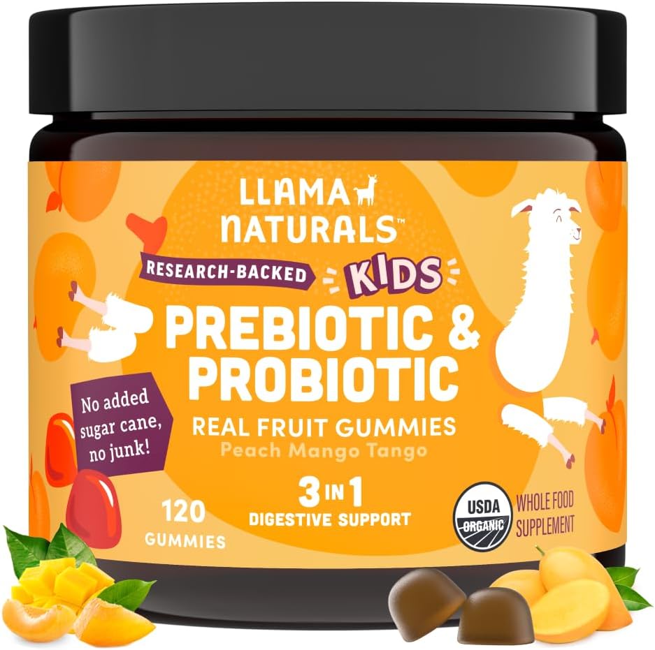 Llama Naturals Kids Probiotiká s prebiotickými Fiber, Vegan, Organic Prebiotiká a probiotiká Gummy pre podporu zdravia Gut, Batoľa skutočné ovocie Gummy vitamíny, žiadny pridaný cukor trstiny, Peach Mango, 120 Ct