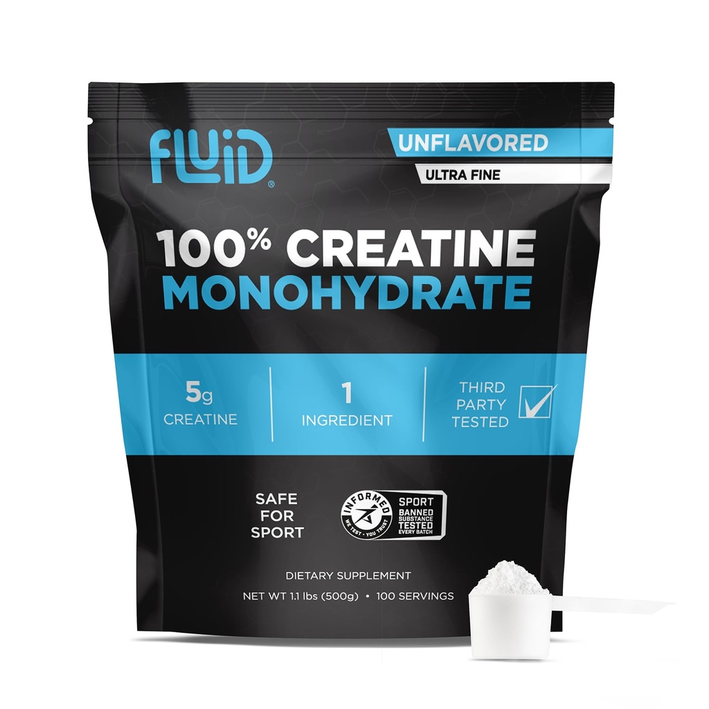 Fluid Creatin - 100% Kreatín monohydrát prášok, Nepríchutný, Informované Sport Certified, 5g na obsluhu (100 porcií)