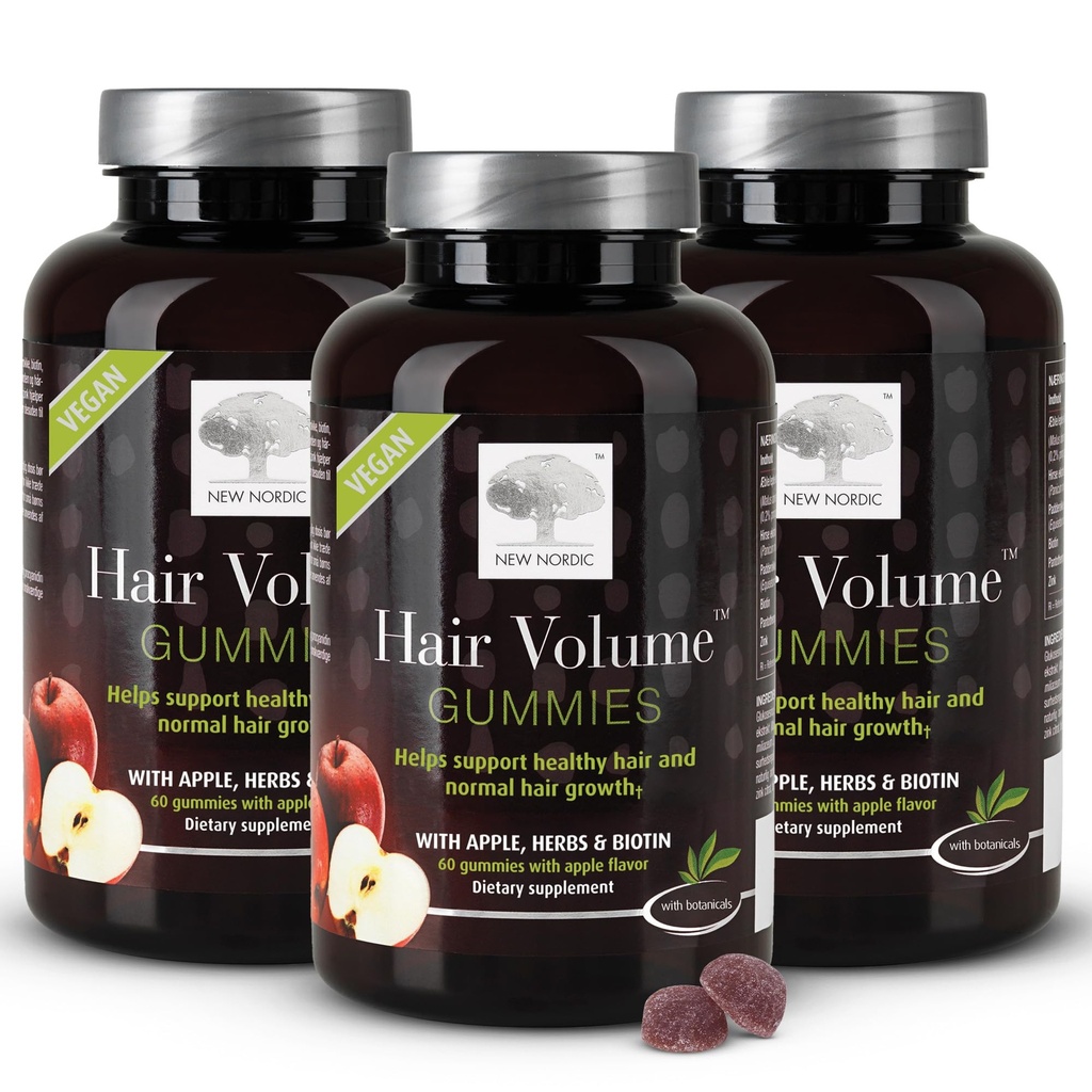 NEW NORDIC Vlasy objem Gummies, 2500 mcg Biotin, Denné vitamíny pre vlasy doplnok na podporu vlasovej kože a nechtov, Vegan, 60 Počet (Pack of 3)