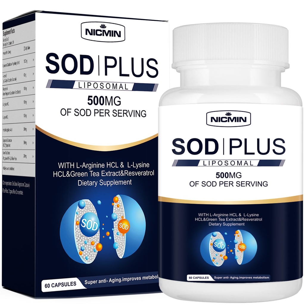 Superoxid dismutáza doplnok 500 mg - SOD Plus s lipozomálnym glutatiónom, AKG, extraktom zo zeleného čaju, L-arginínom, Lyzínom, resveratrolom a vitamínom E pre imunitnú podporu, antioxidant 60 kapsúl
