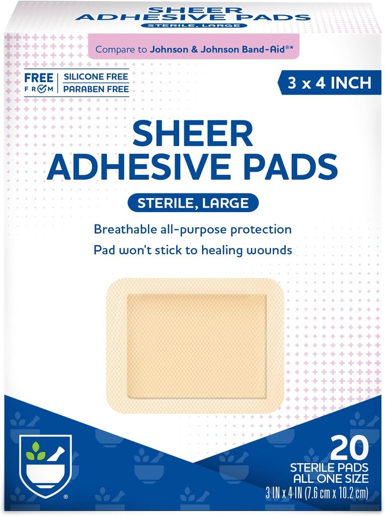 Rite Aid Sheer Adhezive Bandages with Sterile Non Stick Pad, 3" x 4" - 20 Gróf 