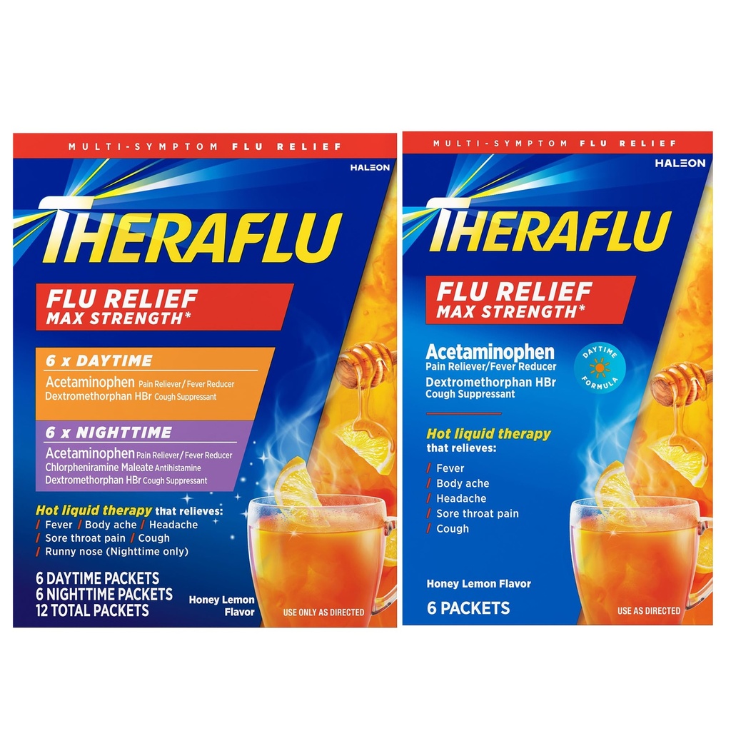 Theraflu Max Strength Daytime & Nighttime Flu Symptom Relief Honey Lemon Flavor Powder & Daytime Flu Symptom Relief Honey Lemon Powder, 6 Daytime + 6 Nighttime, & 6 Honey Lemon Flavor Powder Pakets