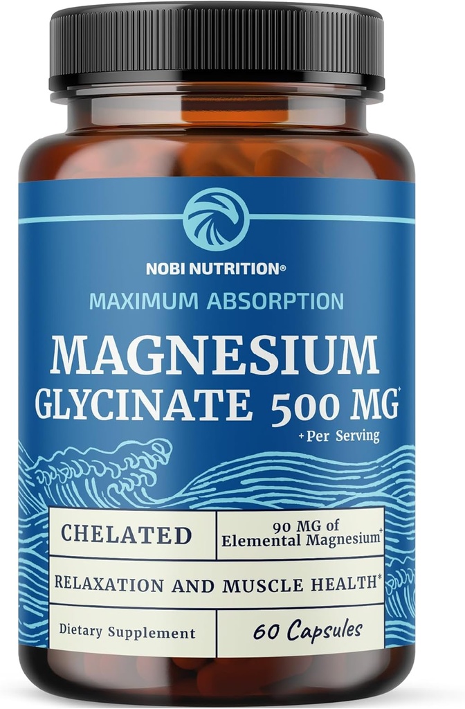 Magnesium Glycinate 500mg | Chelated for High Absorption | Muscle Relaxation, Bones, Heart, Nerve, Sleep & Calm Support for Women & Men | Magnesium Chelate Supplement & Bisglycinate Complex | 60ct