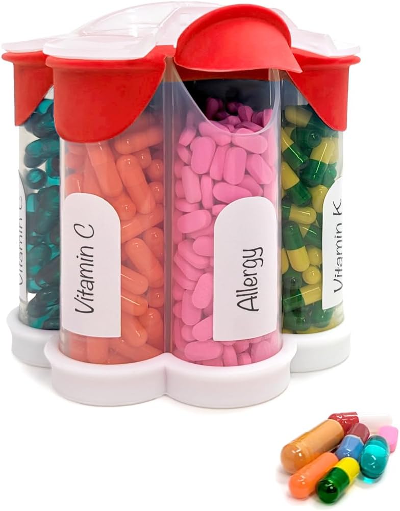 Extra veľké pilulky Organizátor denne, Týždenný, Mesačný doplnok fľašu, roztomilé Blossom pilulky Dispenser s 7 XL kompartmenty, ľahko otvorené pilulky pre vitamíny, lieky, Etikety zahrnuté (červená)