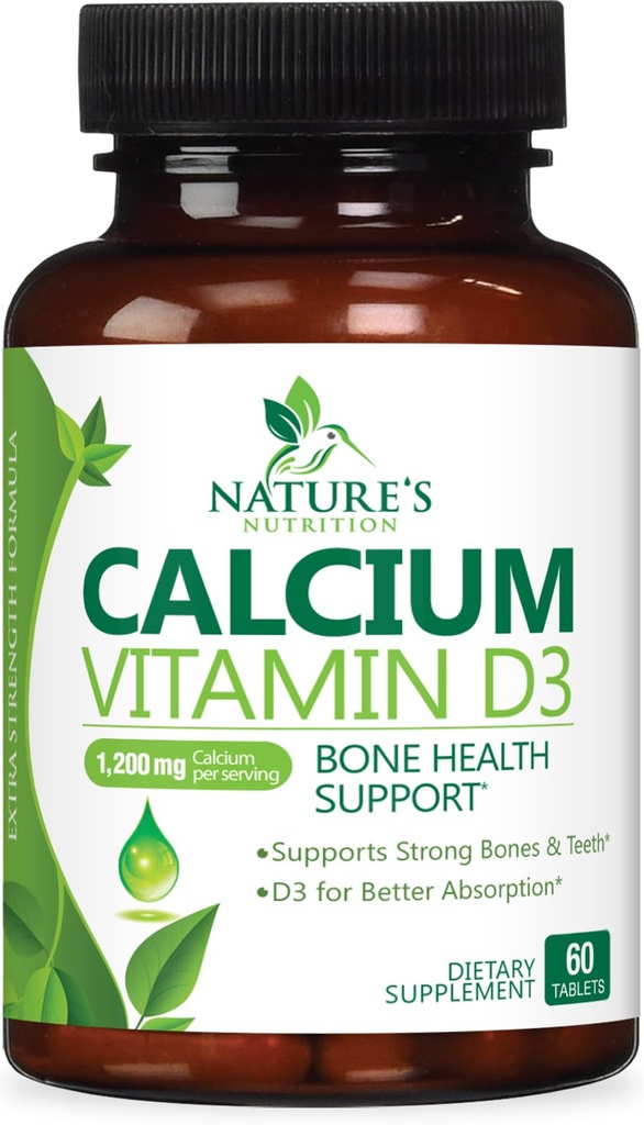 Vápnik doplnok 1200 mg - s vitamínom D3 pre najlepšiu absorpciu - podporuje imunitné zdravie, kosti a zuby - prírodný uhličitan vápenatý + 1600 IU D3 - fľaša v USA pre ženy a mužov - 60 tabliet