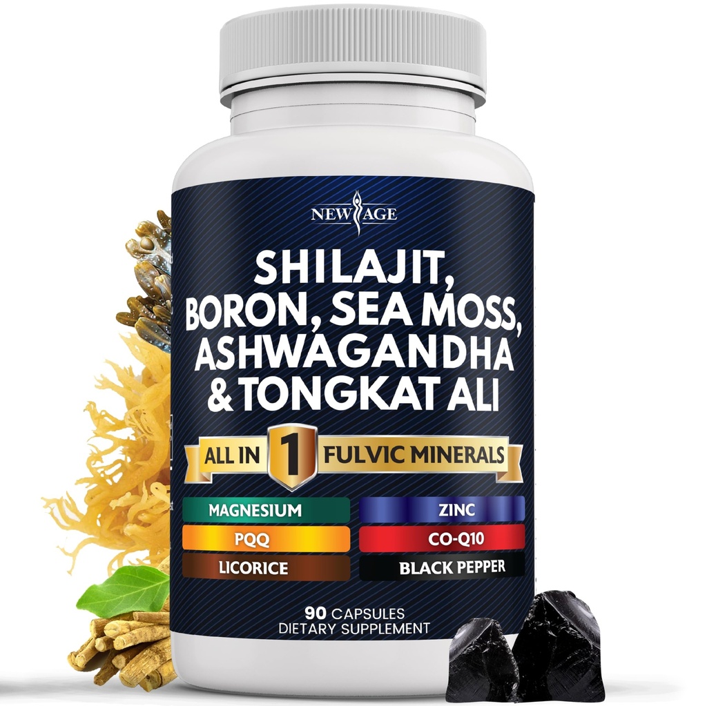 NEW AGE Shilajit Supplement with Sea Moss, Ashwagandha, Tongkat Ali, Boron, Magnézium - Fulvic Acid Kapsule od Muži - 90 Count