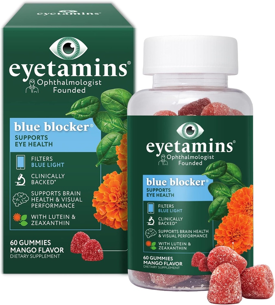 Eyetamins Blue Blocker® Očné zdravie - 60 lutein Gummies - Oftalmológ-Developed - Podpora Vízia, Filter Blue Light & Help Očná kmeň - Podporuje spánok, Focus Eyesight