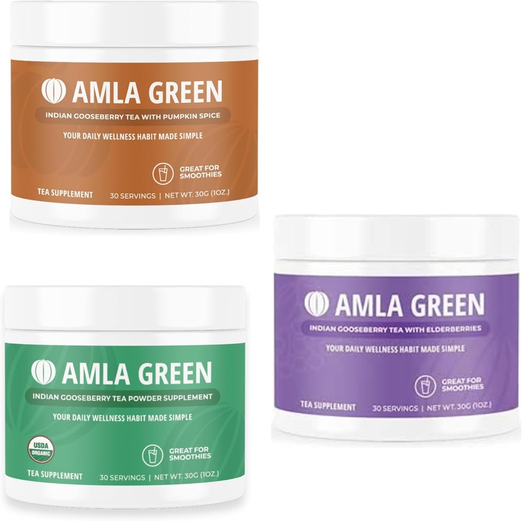 Powder Amla, Green Tea Superfood Supplement with Pumpkin Spice & Indian Egrees & Elderberry, Organic, Vegan, 30 Servings