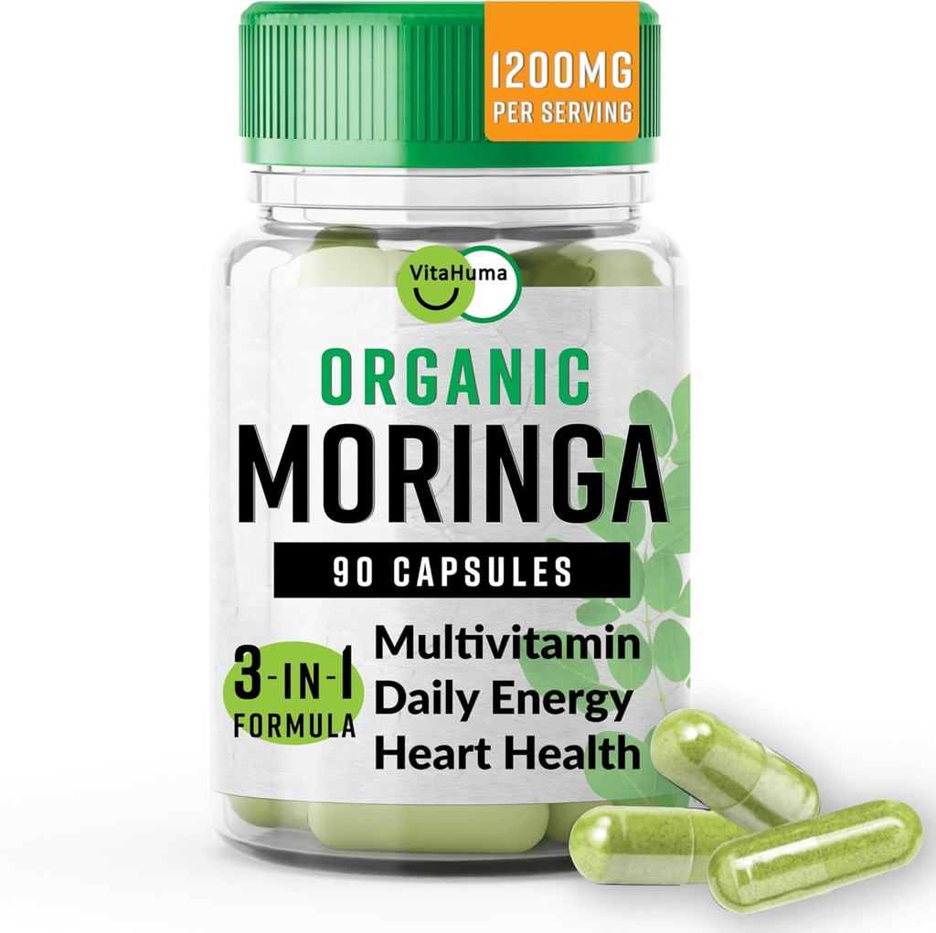 Organické Moringa, Nutrient-Dense Antioxidant Podpora s vitamínom C, A, E, vápnik, draslík, železo, horčík, Proteín a aminokyseliny pre hydratáciu a energiu, Vegan, 1200 MG na obsluhu, 90 CT