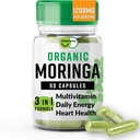 Organické Moringa, Nutrient-Dense Antioxidant Podpora s vitamínom C, A, E, vápnik, draslík, železo, horčík, Proteín a aminokyseliny pre hydratáciu a energiu, Vegan, 1200 MG na obsluhu, 90 CT