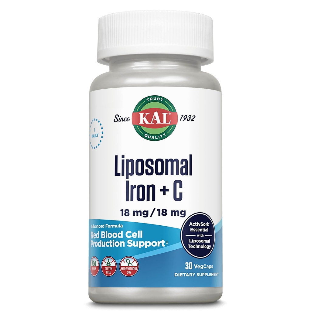 KAL Lipozomálne železo Supplement s Lipozomálnym vitamínom C, železo Supplement pre ženy a mužov, vysoká absorpcia, jemné železité tabletky, Vegan, bez lepku, 30 Servings, 30 VegCaps