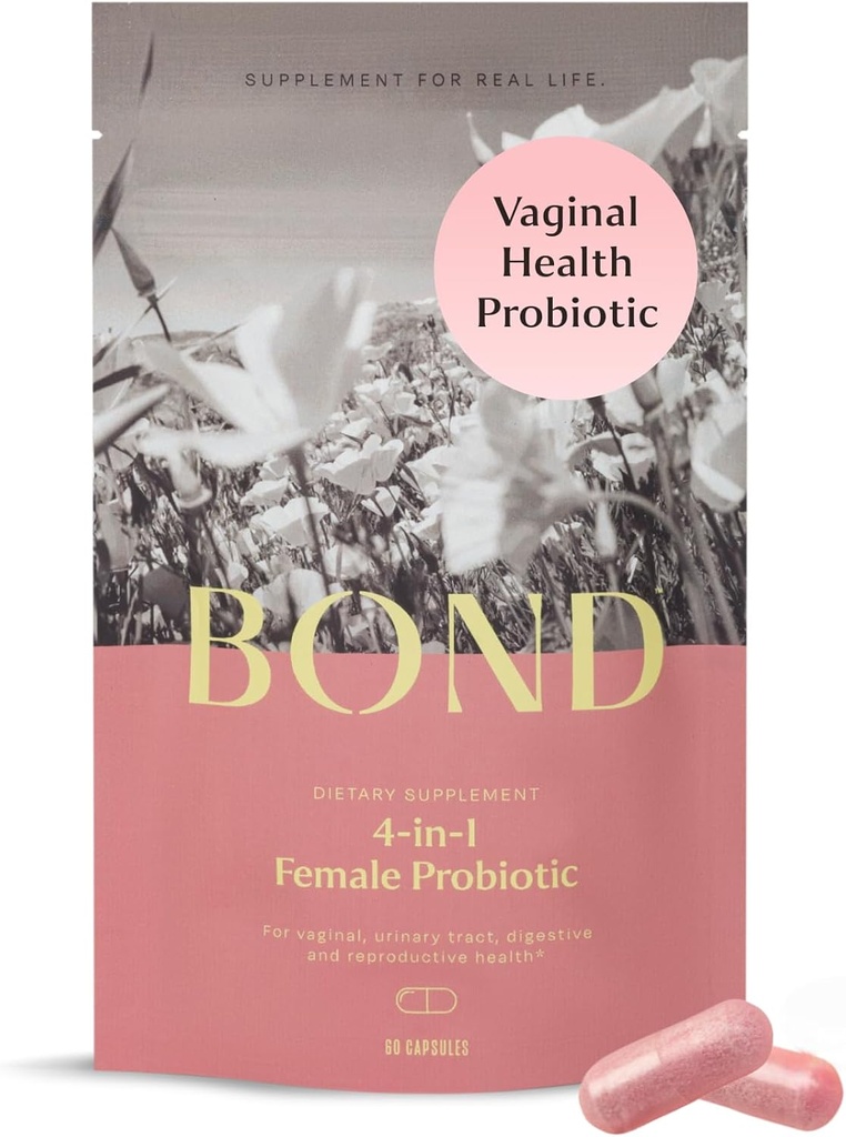 BOND 4-in-1 Vaginálne probiotiká pre ženy pre vaginálnu Floru, kontrolu zápachu, kyslosť a pH rovnováhu pre ženy - denná Lactobacillus formula (5 miliárd CFU), s prebiotikami a brusnicou, 60 kapsúl (2/deň)