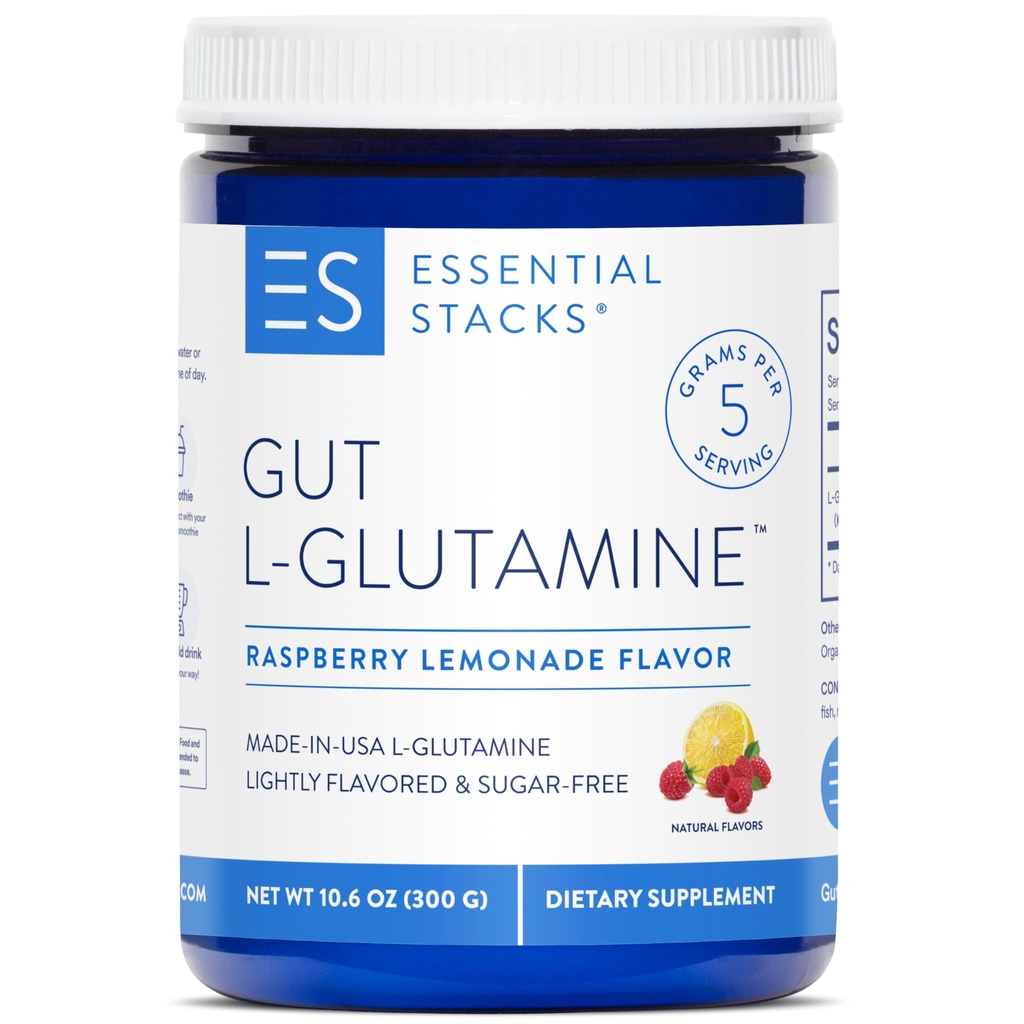 Essential Stacks Gut L-Glutamine Powder - Exclusively Made in USA - Pure L Glutamín Powder for Gut Health (50 porcií, malinová citróna)
